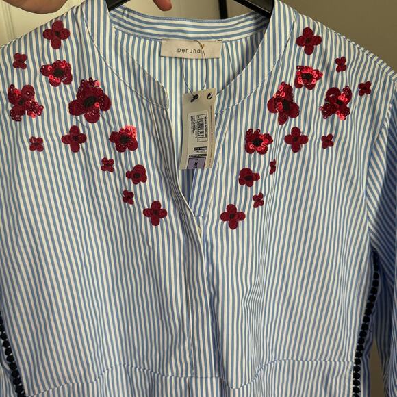 NWT Per Una 3/4 Sleeve Blue And White Striped With Rede Sequin Top UK 8 US 10 - Picture 8 of 9